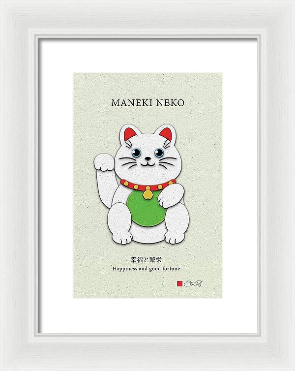 White Maneki-Neko Providing Purity and Happiness - Framed Print