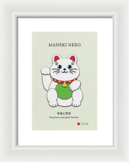 White Maneki-Neko Providing Purity and Happiness - Framed Print