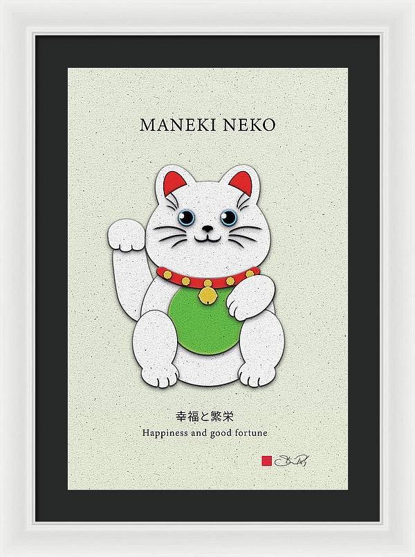 White Maneki-Neko Providing Purity and Happiness - Framed Print