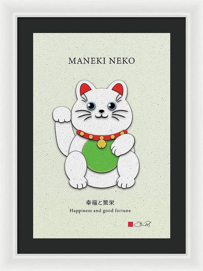 White Maneki-Neko Providing Purity and Happiness - Framed Print