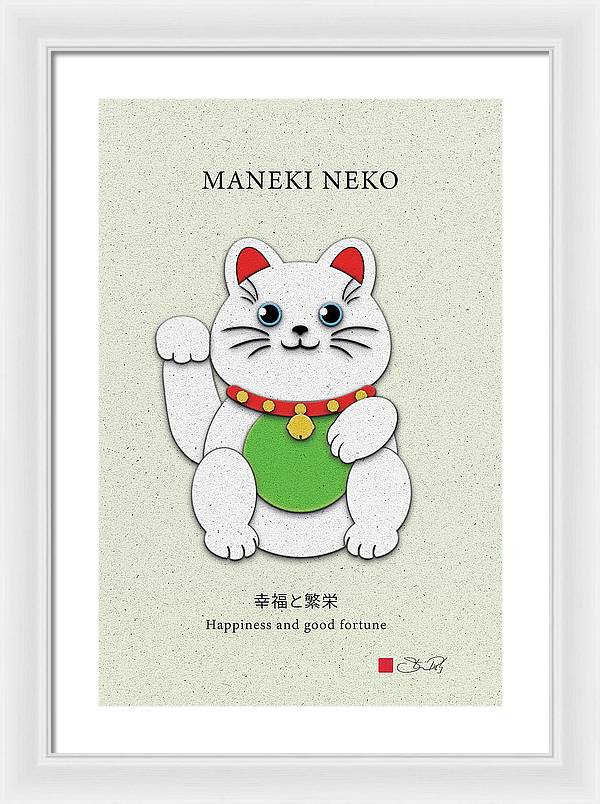 White Maneki-Neko Providing Purity and Happiness - Framed Print