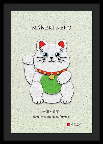 White Maneki-Neko Providing Purity and Happiness - Framed Print