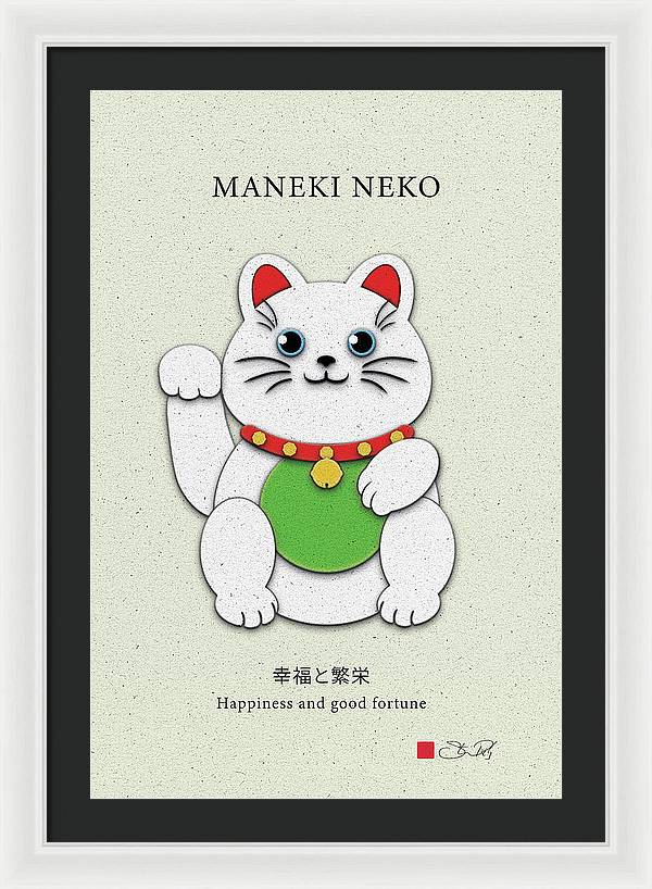 White Maneki-Neko Providing Purity and Happiness - Framed Print