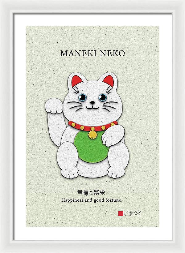 White Maneki-Neko Providing Purity and Happiness - Framed Print