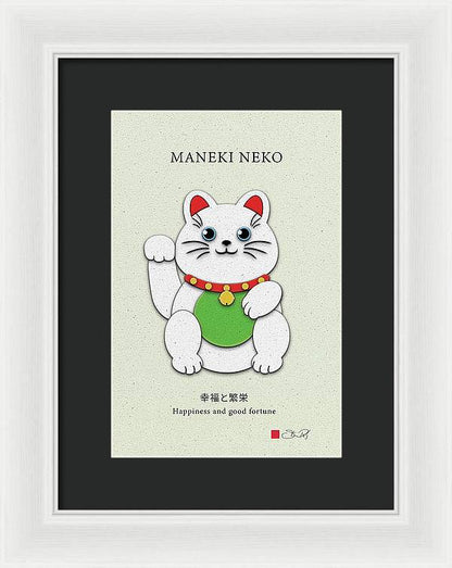 White Maneki-Neko Providing Purity and Happiness - Framed Print